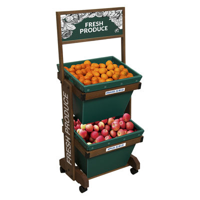品質  2 Layers Display Vegetable Rack For Shop Wooden Fruit Display Stand With Removable Basket 工場